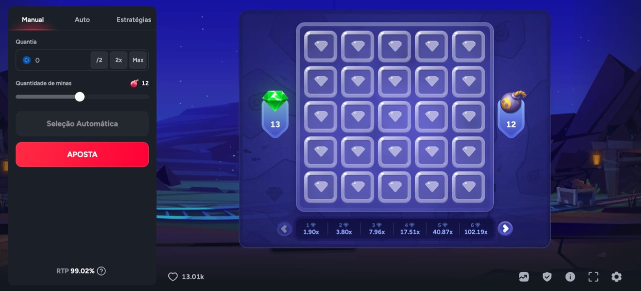 Tela do jogo Mines na BetFury com campo de 25 casas, 12 minas e multiplicadores de 1.90x a 102.19x