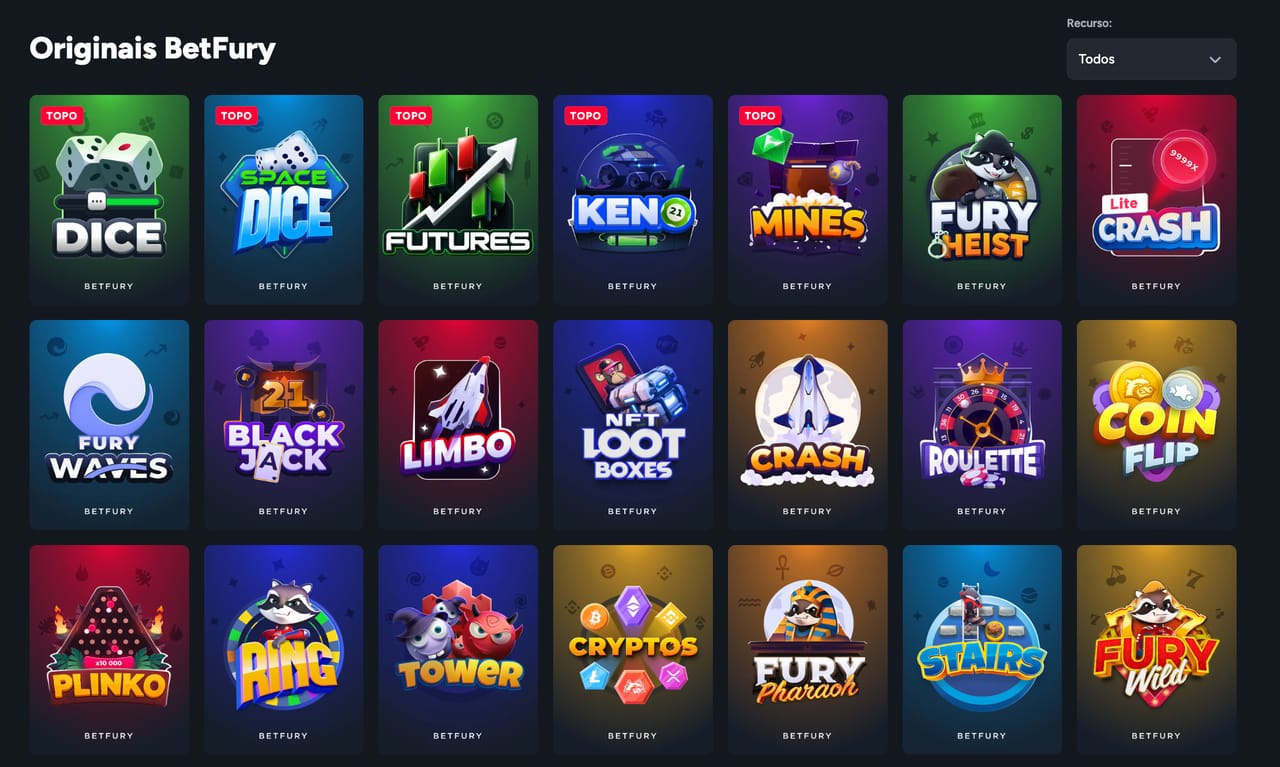 Grade da seção Originais da BetFury com os jogos Dice, Mines, Crash, Lite Crash, Limbo, Plinko e outros